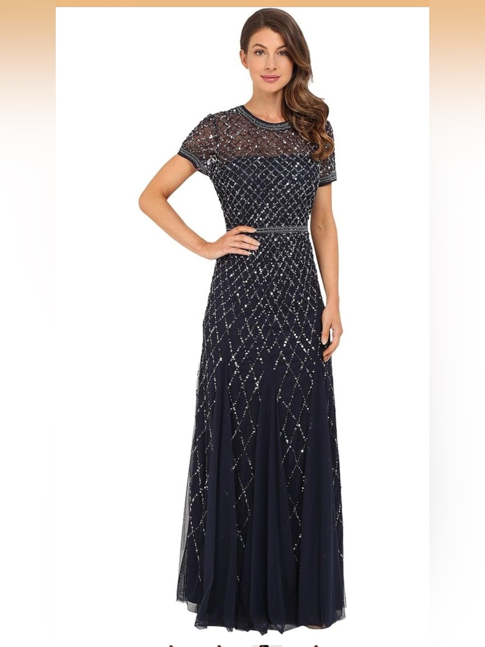 Adrianna Papell Navy Beaded Illusion Yoke Gown